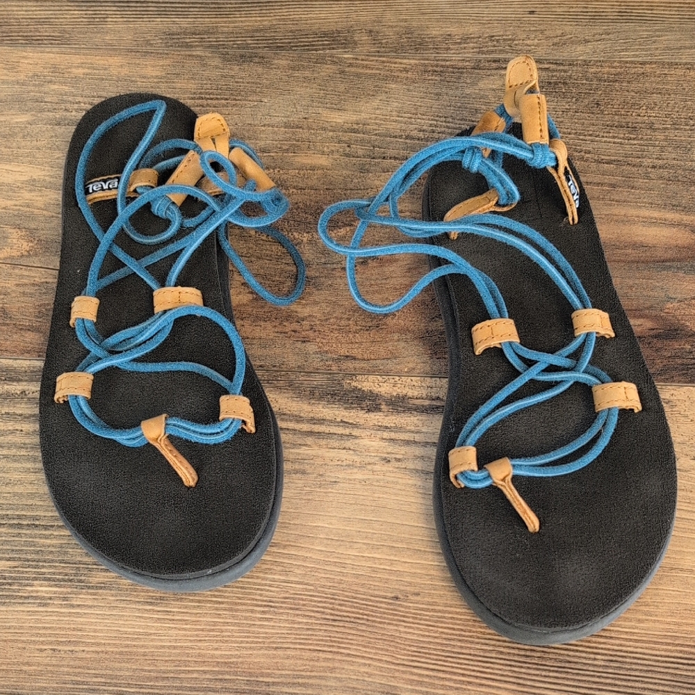 Teva Black Sandals with Blue Straps and Tan Accents